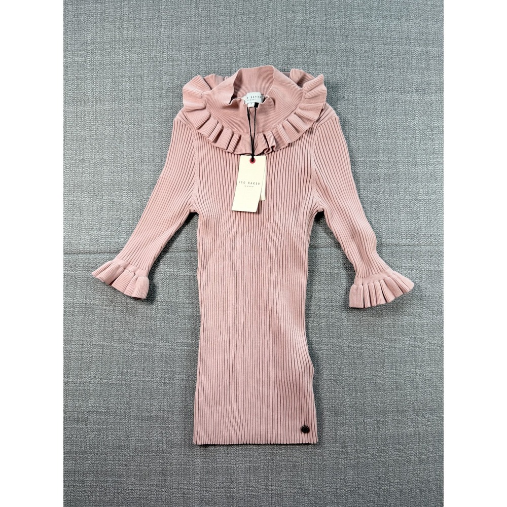 Ted Baker Ribbed Knit Bodycon Katella Fitted Top Women 2 Pink Stretch Frill Neck